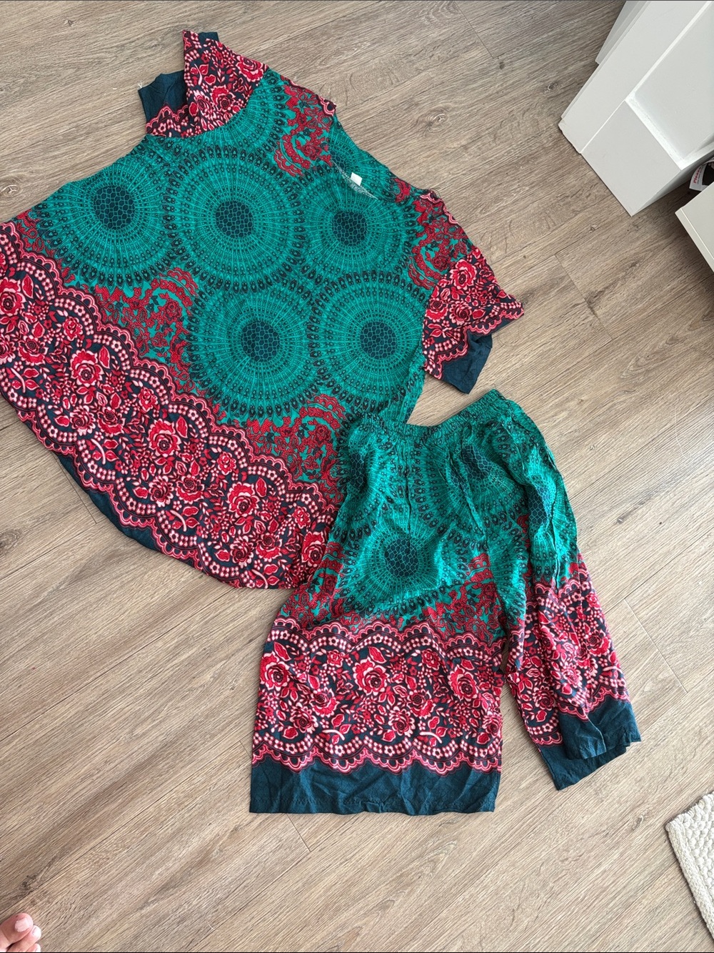 Green and Red Floral Print Two-Piece Set